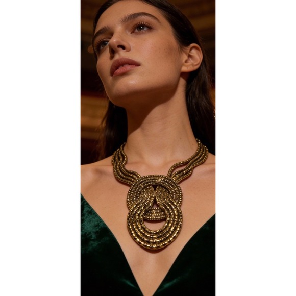 Express Necklace Antiqued Gold Tone Chunky Braided Statement Dramatic Sculptural - Picture 2 of 5